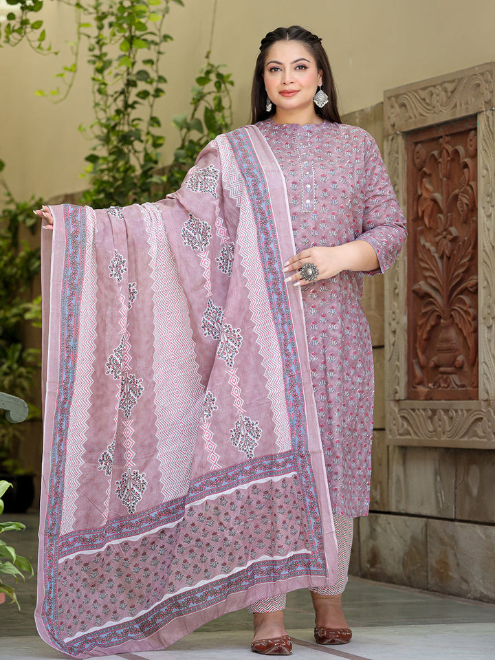 Floral Printed Pure Cotton Straight Kurta & Trousers With Dupatta