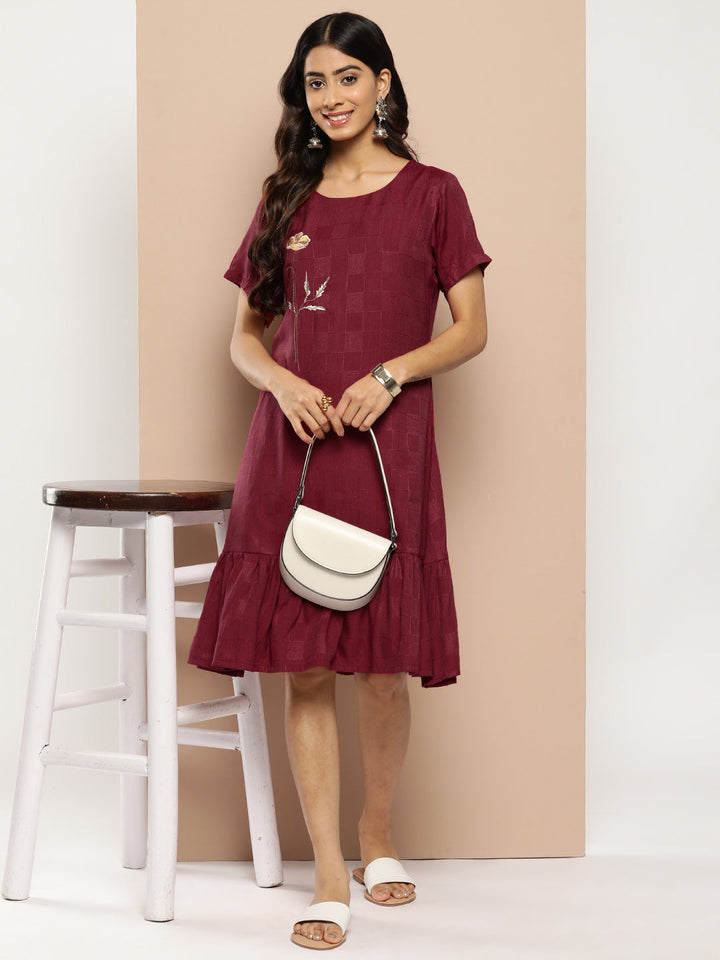 Maroon Floral Embroidered A-Line Midi Dress