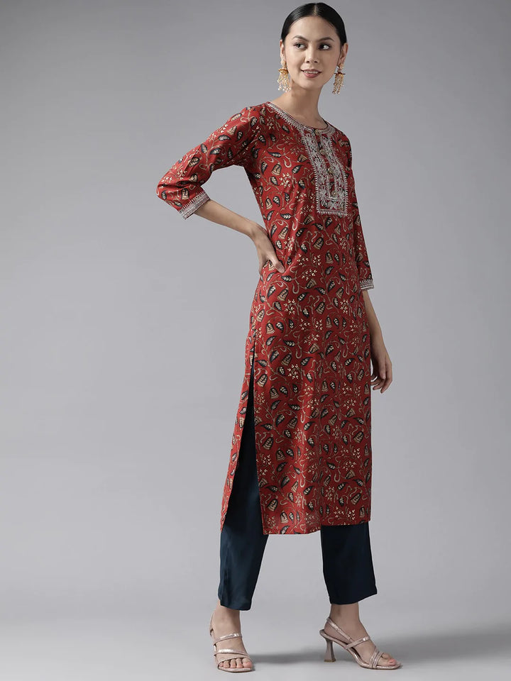 Rust Cotton Zari Thread Work Kurta Set