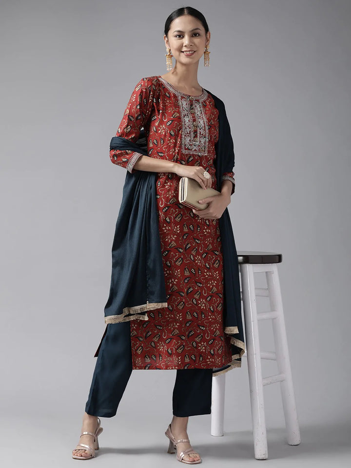 Rust Cotton Zari Thread Work Kurta Set