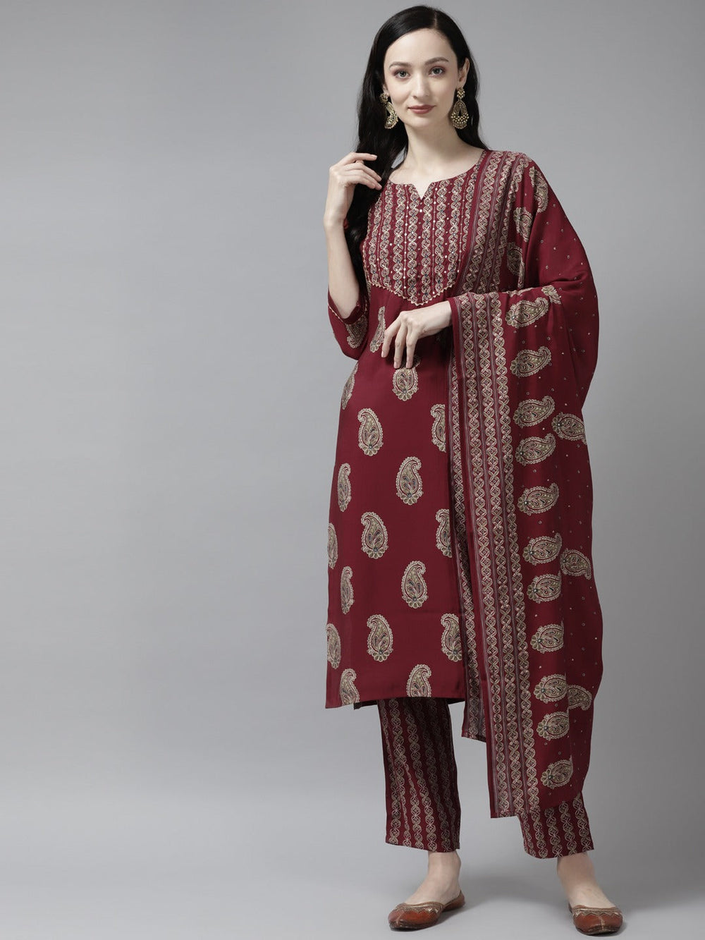 Maroon-Thread-Work-Zari-Cotton-Kurta-Set