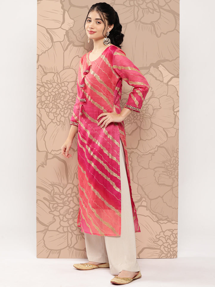 Hot-Pink-Women-Leheriya-Cotton-Lining-Striped-Kurta-9961KURHP