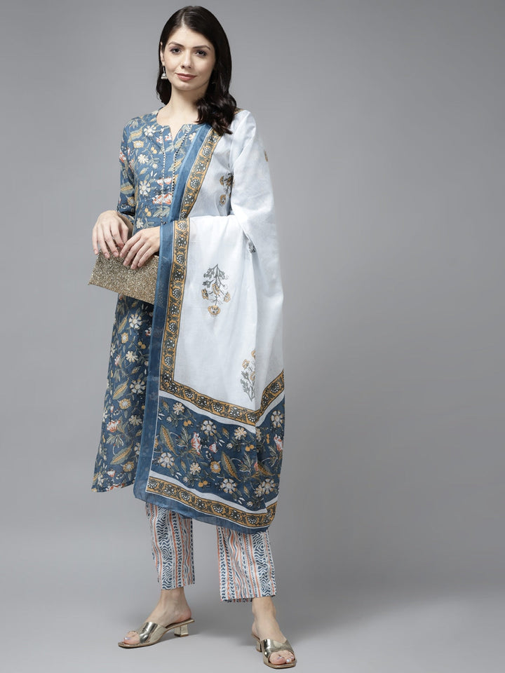 Navy Blue Ethnic Motifs Printed Dupatta Set