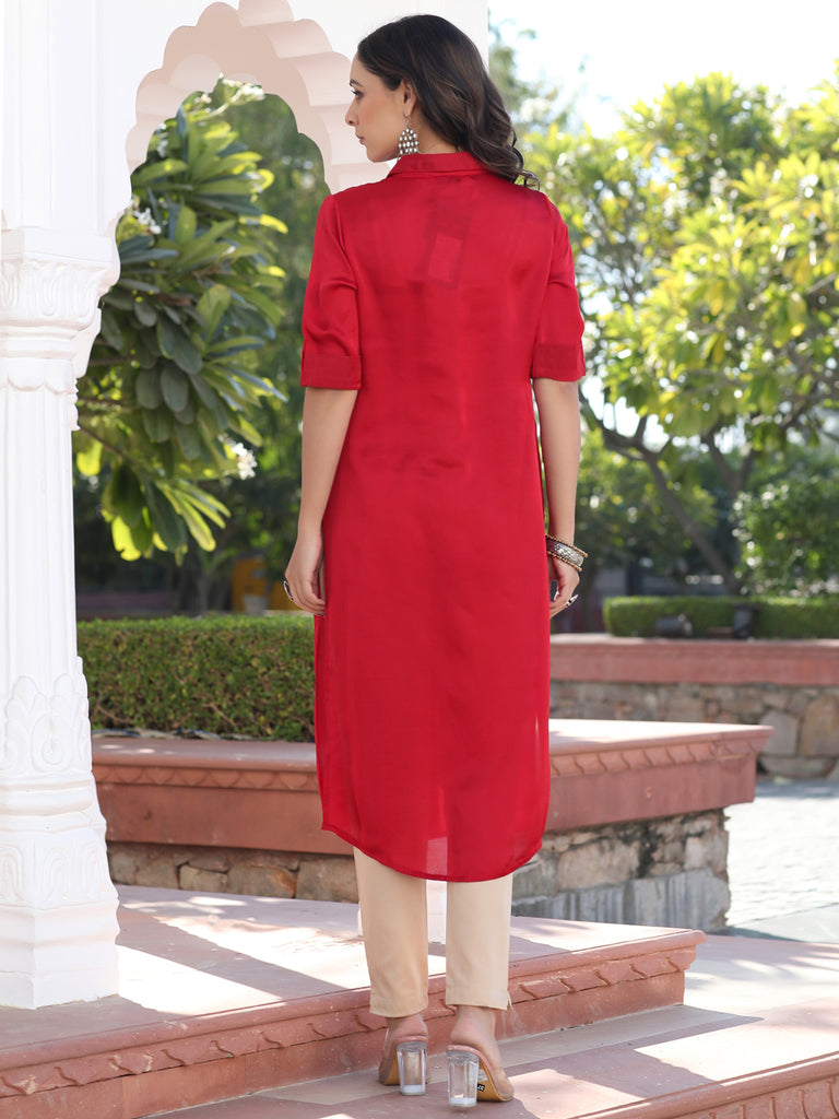 Bright Red Silk Fabric Embellish Shirt Kurta