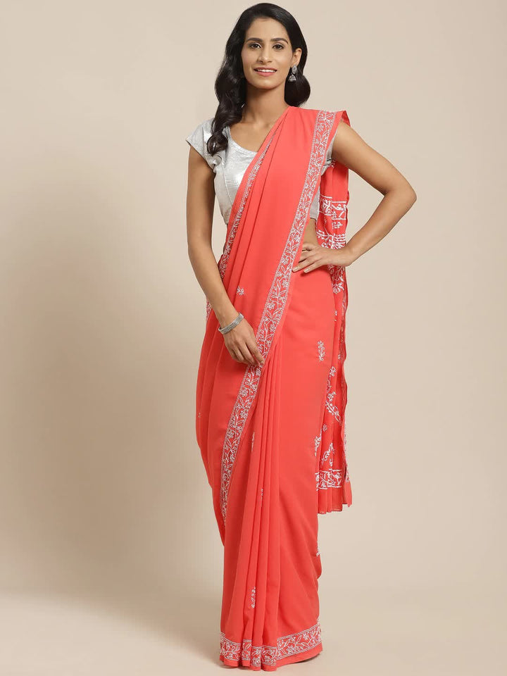 Pink-Faux-Lucknow-Chikan-Saree-With-Blouse