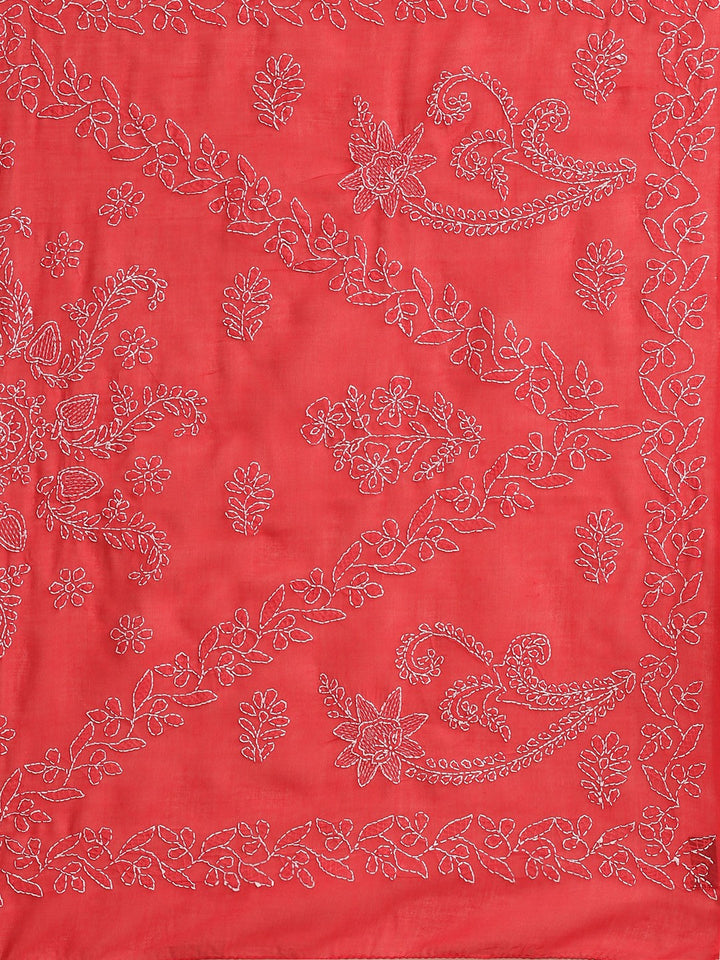 Red-Cotton-Lucknow-Chikan-Saree-With-Blouse