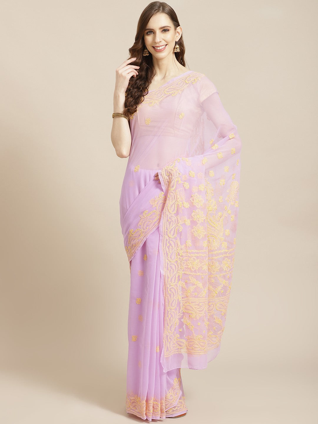 Mauve-Georgette-Lucknow-Chikan-Saree-&-Blouse