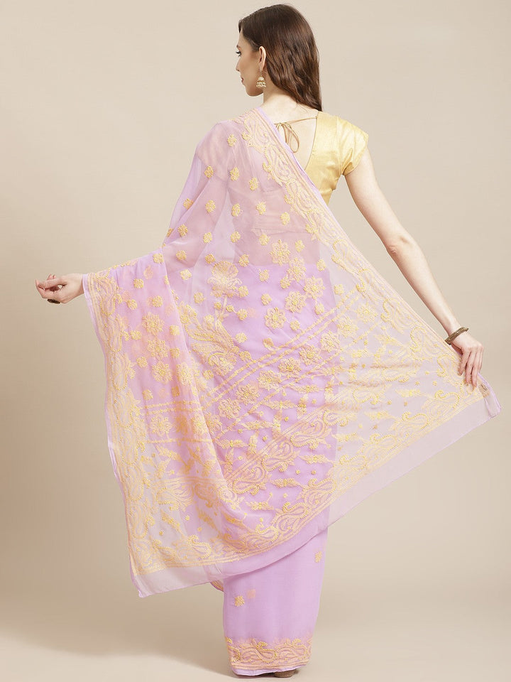 Mauve-Georgette-Lucknow-Chikan-Saree-&-Blouse