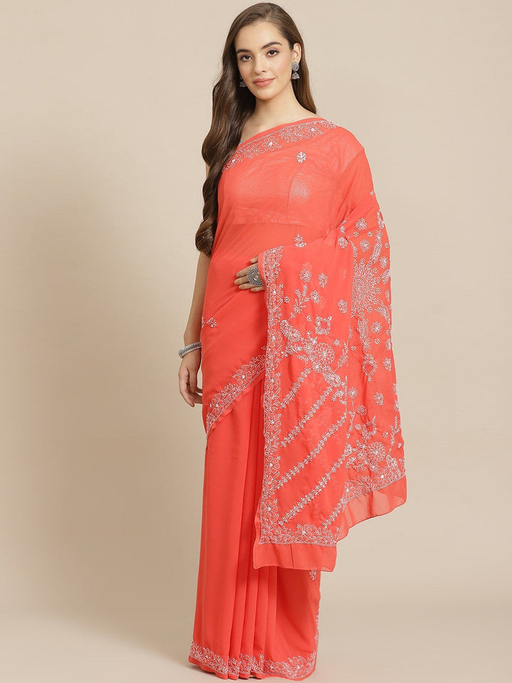 Brick-Red-Lucknow-Chikan-Saree-With-Blouse