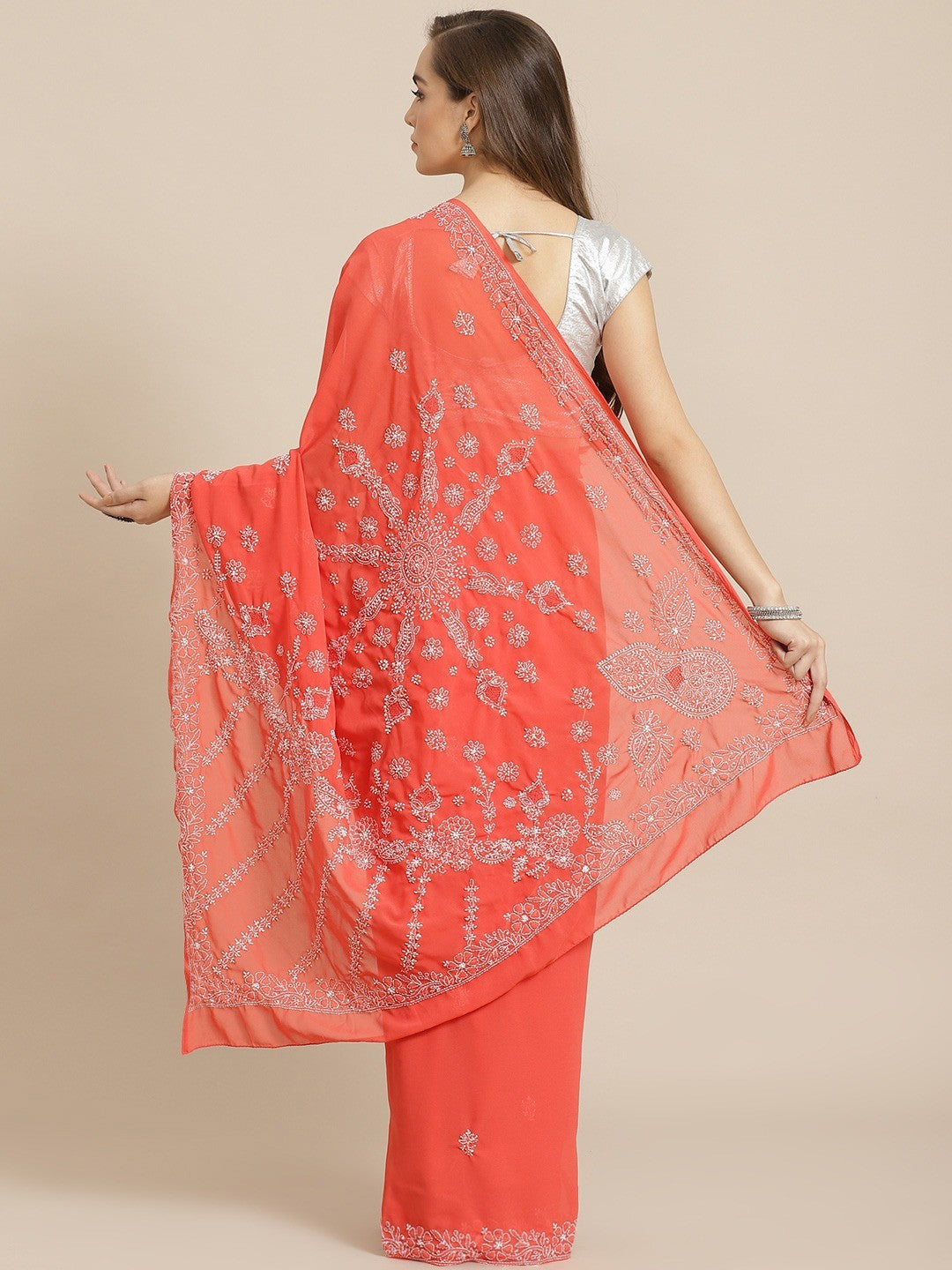 Brick-Red-Lucknow-Chikan-Saree-With-Blouse