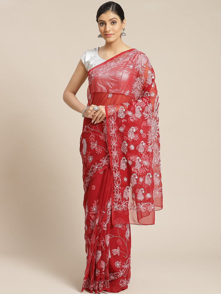 Maroon-Georgette-Chikan-Saree-With-Blouse