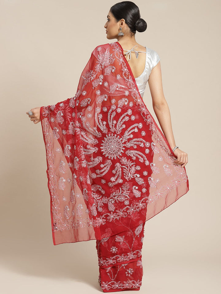 Maroon-Georgette-Chikan-Saree-With-Blouse