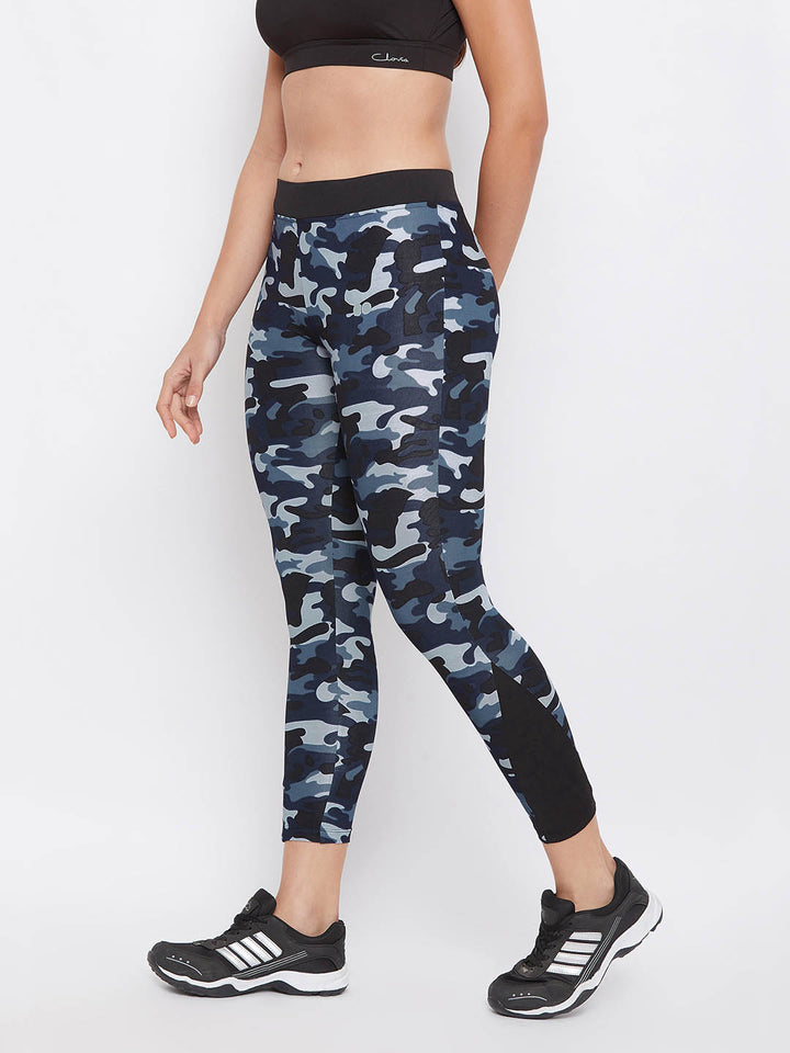 Navy Blue Camouflage Ankle-Length Tights