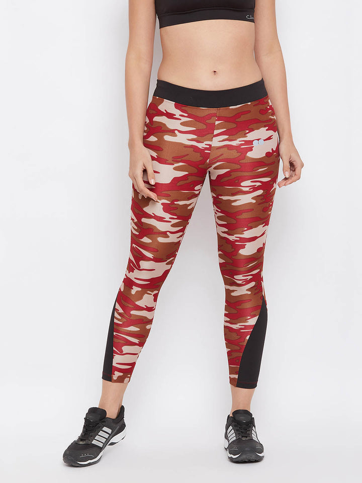 Maroon Camouflage Print Ankle-Length Tights