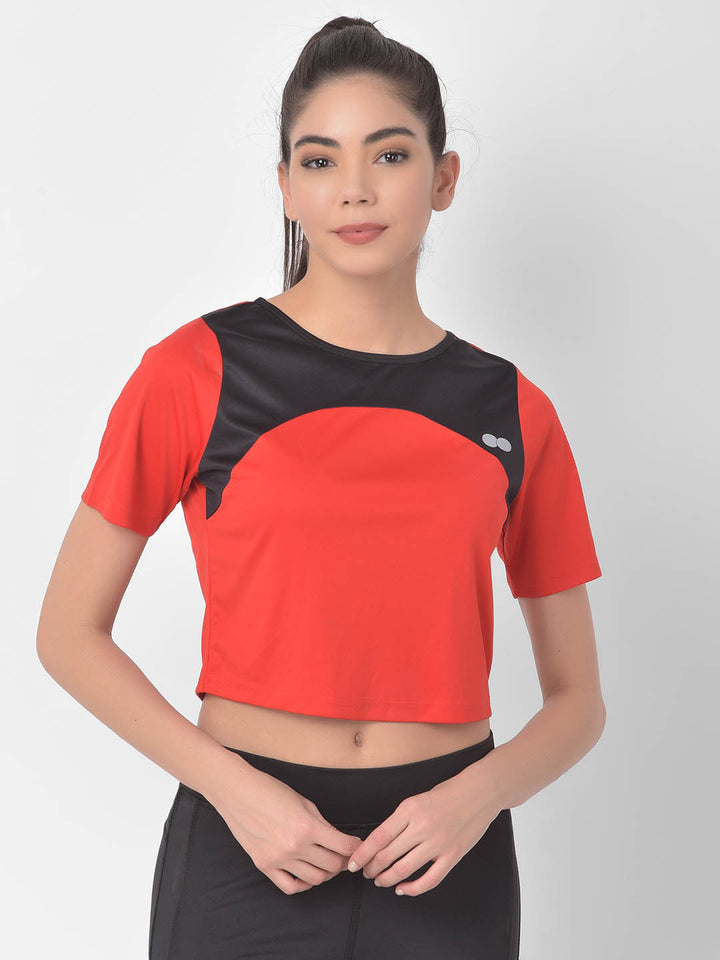 Red Active Cropped T-Shirt With Yoke Panel