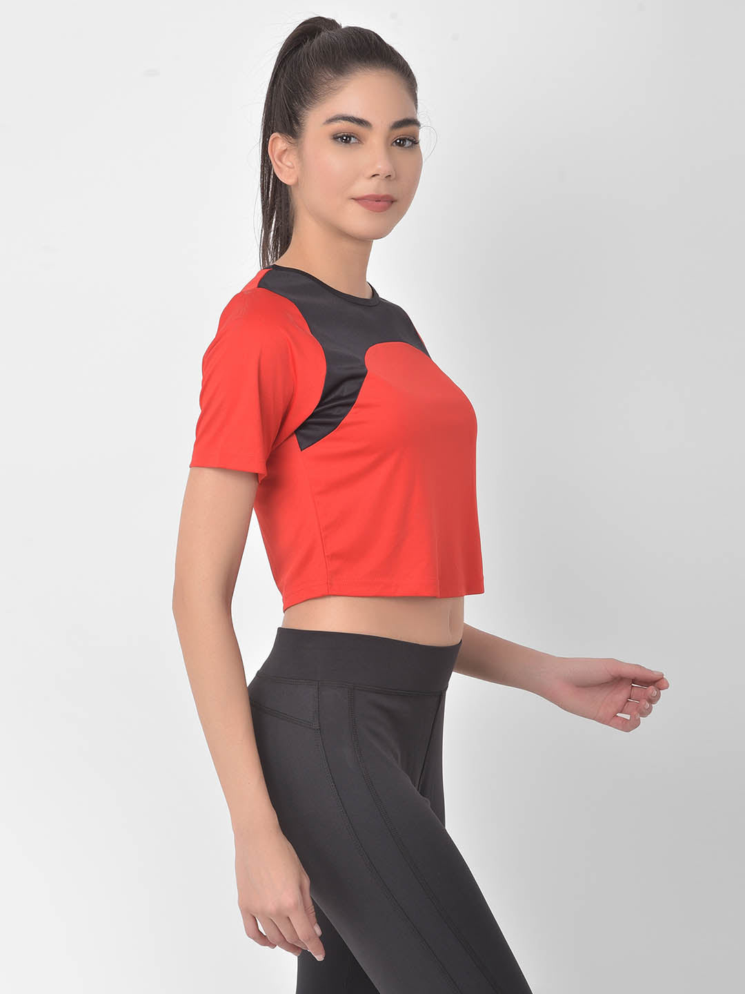 Red Active Cropped T-Shirt With Yoke Panel