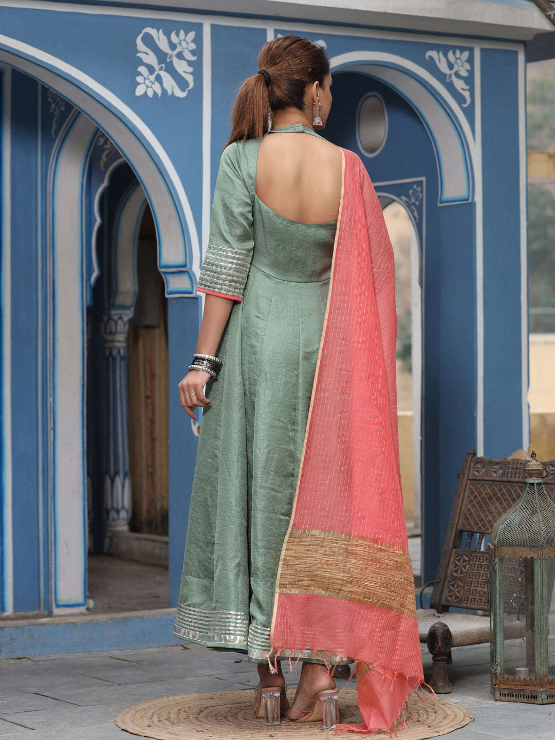 Green Silk Blend Anarkali & Peach Dupatta