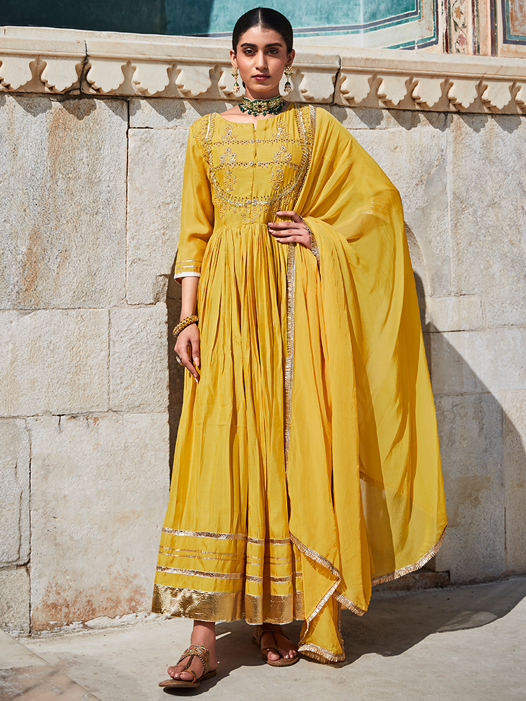 Yellow Zardozi Anarkali & Kiranpatti Dupatta
