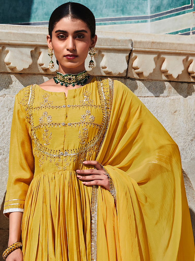 Yellow Zardozi Anarkali & Kiranpatti Dupatta