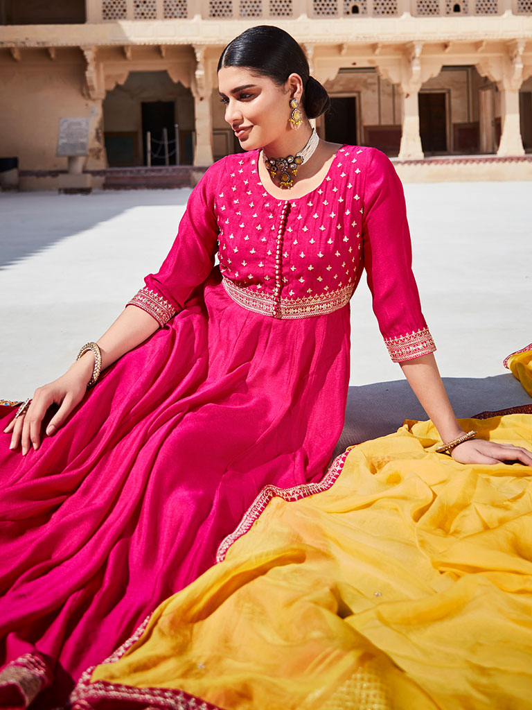 Pink Zari Work Anarkali with Yellow Dupatta
