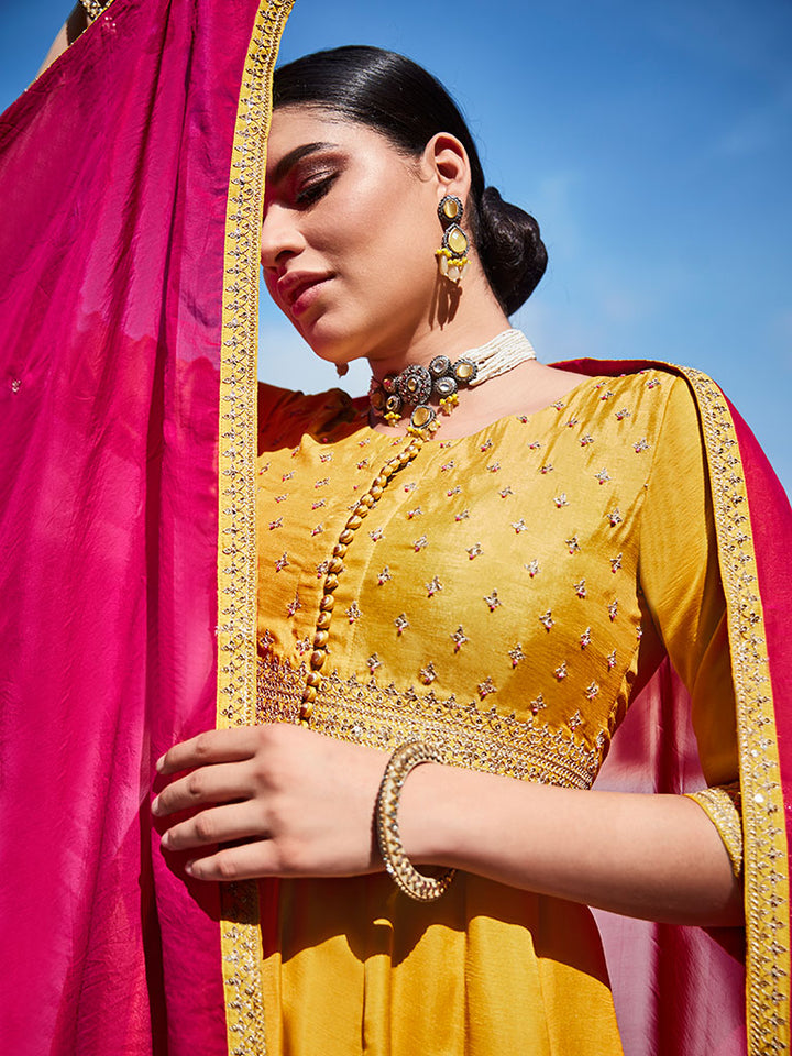 Yellow Zari Work Anarkali with Pink Dupatta