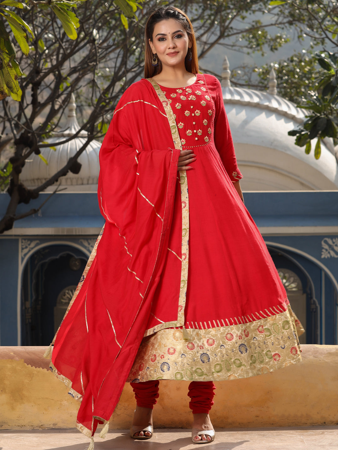 Red Silk Anarkali Kurta Set with Dupatta