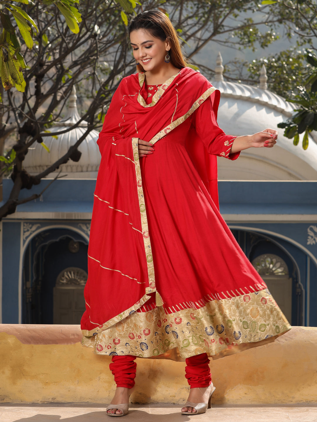 Red Silk Anarkali Kurta Set with Dupatta