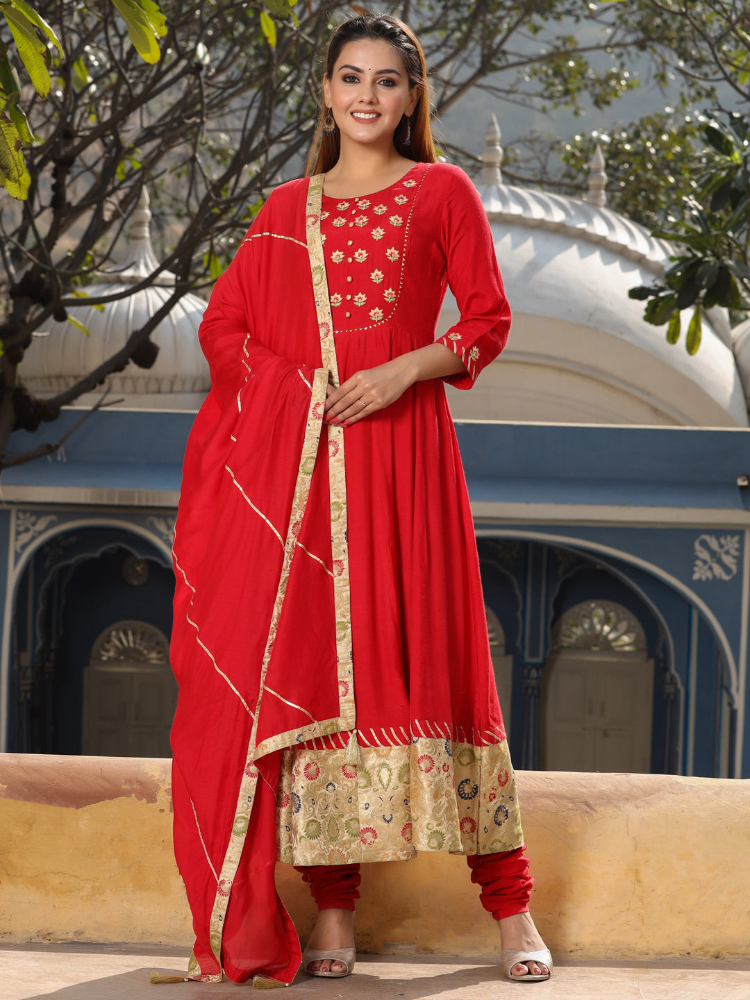 Red Silk Anarkali Kurta Set with Dupatta