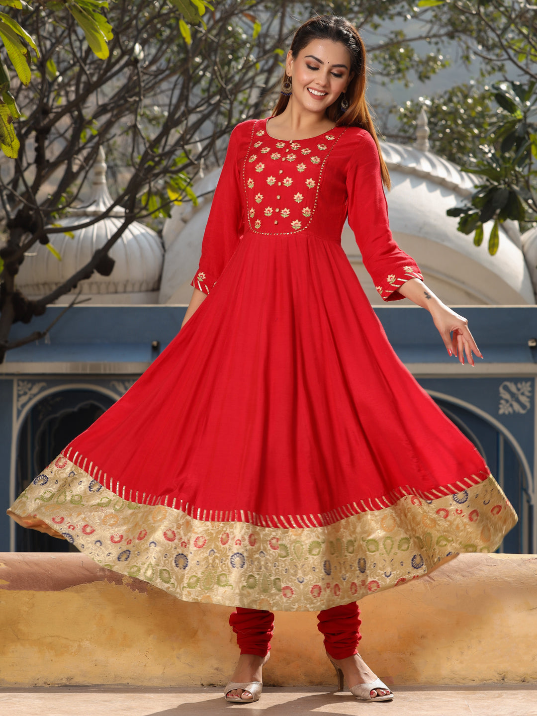 Red Silk Anarkali Kurta Set with Dupatta