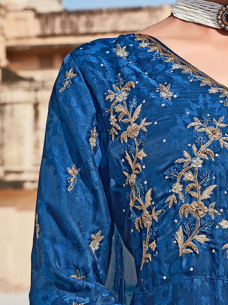 Blue Silk Jacquard Zardozi Anarkali Suit Set