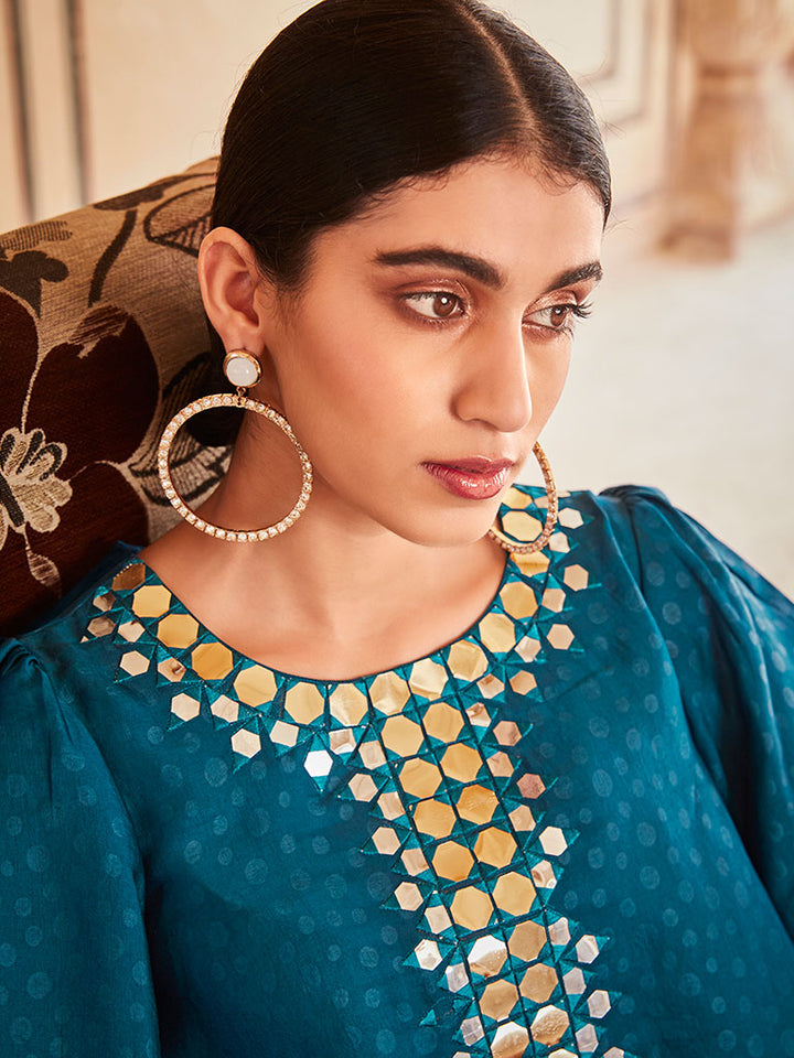 Teal Silk Handkerchief Mirror Work Co-Ord Set