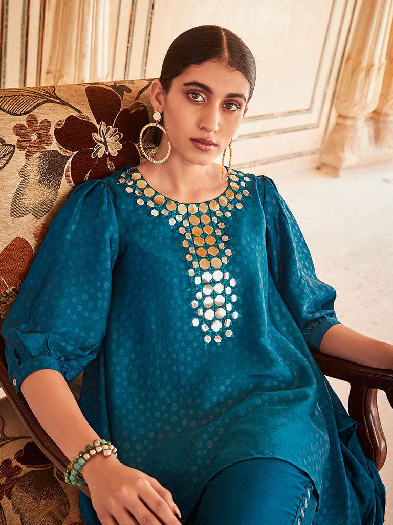 Teal Silk Handkerchief Mirror Work Co-Ord Set