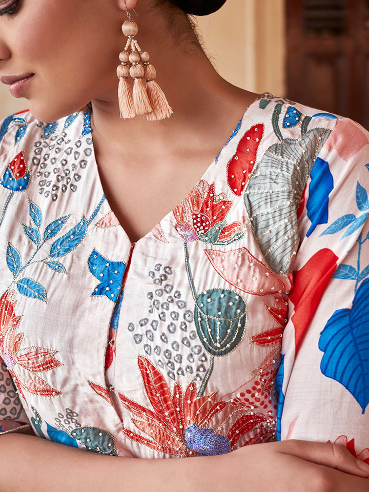 Blue & Red Muslin Floral Printed Kurta Set