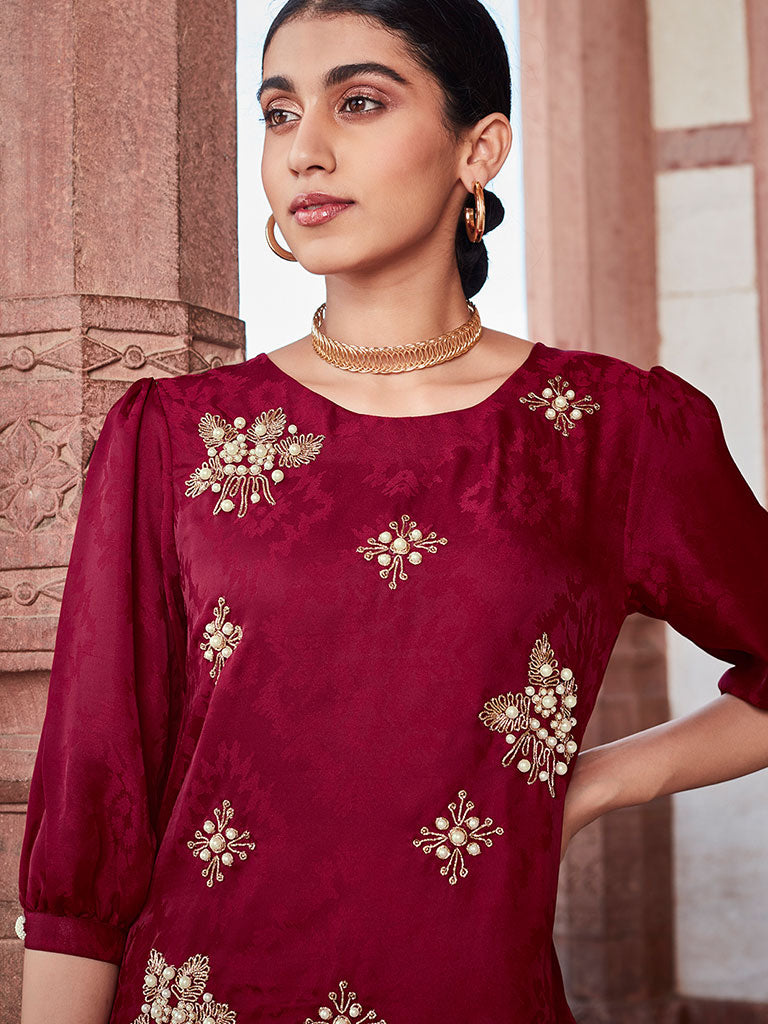 Maroon Silk Self Weave Embroidered Co-Ord Set