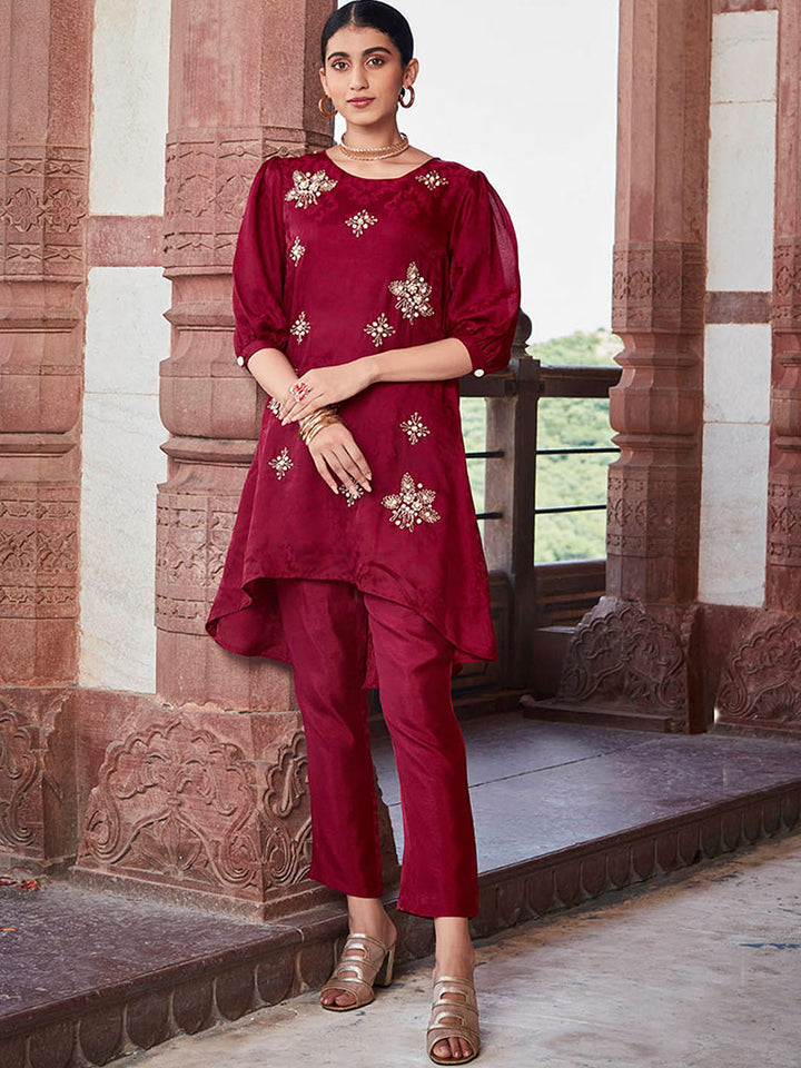 Maroon Silk Self Weave Embroidered Co-Ord Set