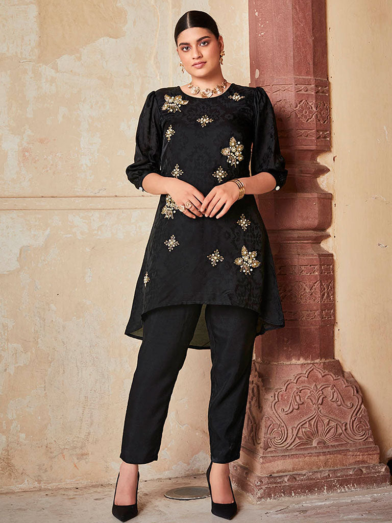 Black Silk Self Weave Embroidered Co-Ord Set