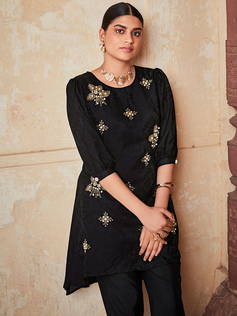 Black Silk Self Weave Embroidered Co-Ord Set