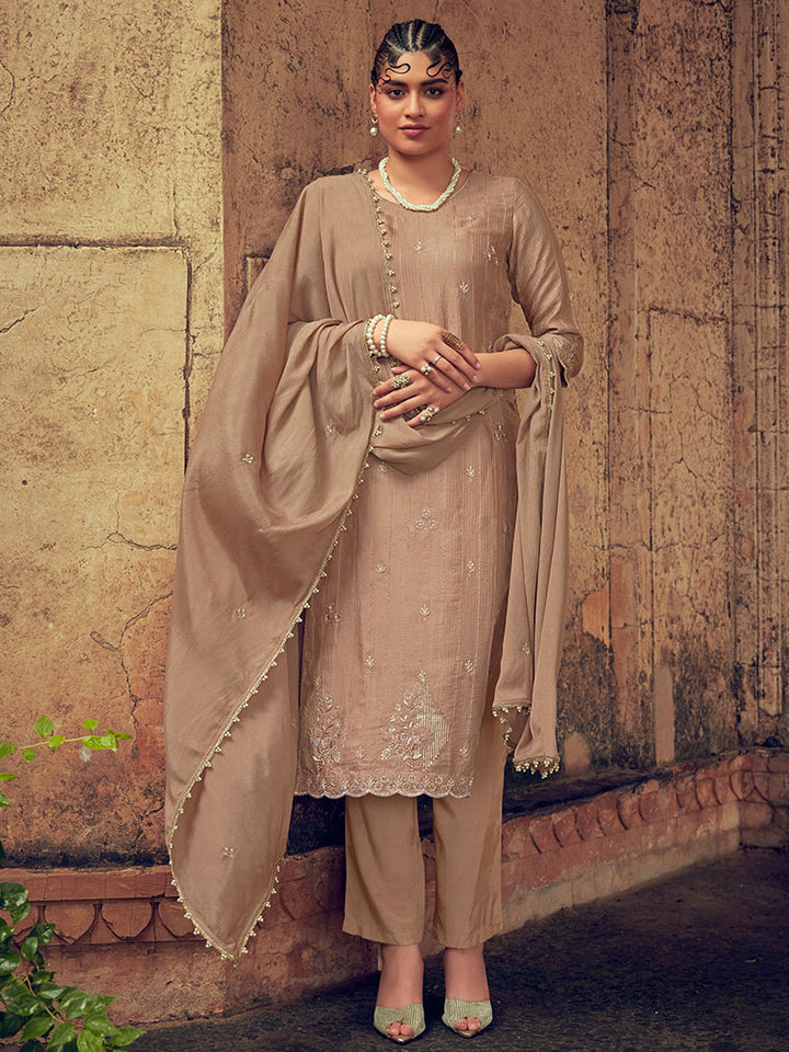 Beige Silk Straight Zardozi Kurta Set & Dupatta