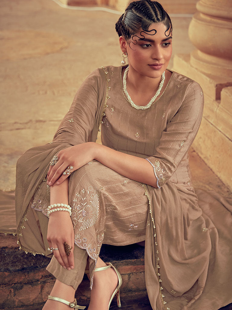 Beige Silk Straight Zardozi Kurta Set & Dupatta