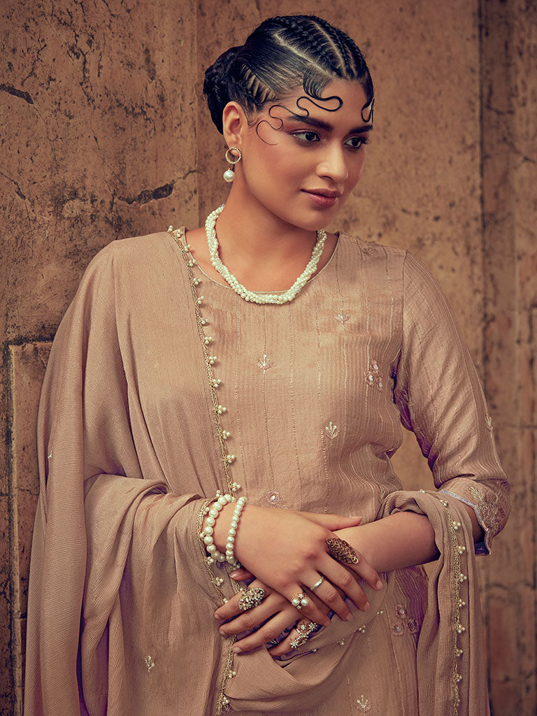 Beige Silk Straight Zardozi Kurta Set & Dupatta