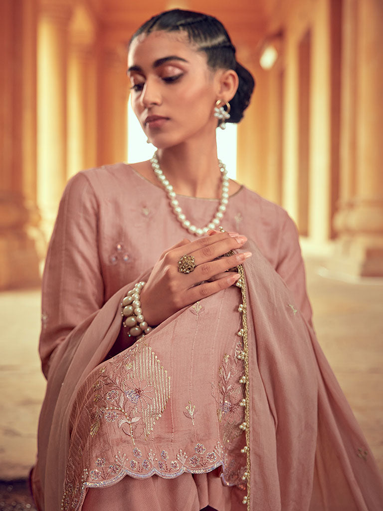 Rose Gold Silk Straight Zardozi Kurta Suit Set