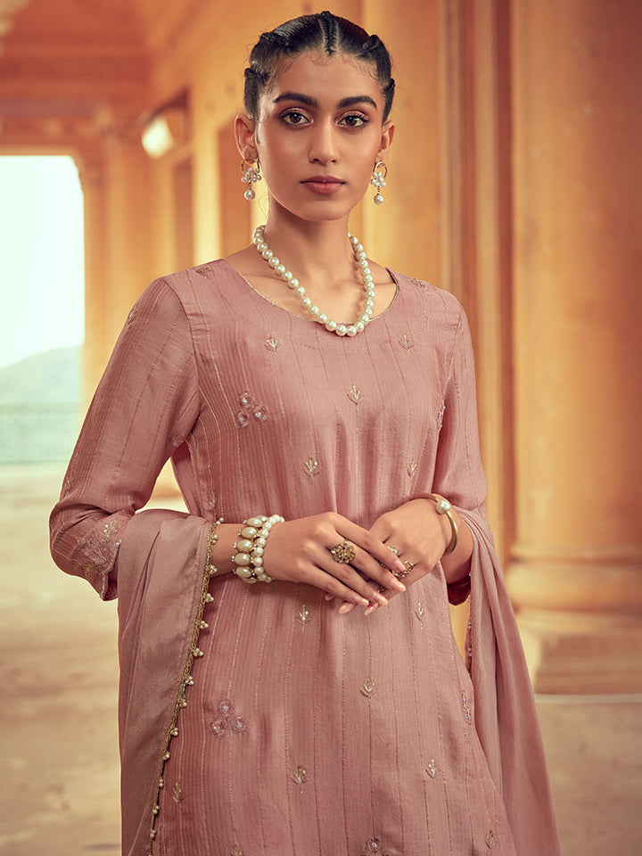 Rose Gold Silk Straight Zardozi Kurta Suit Set