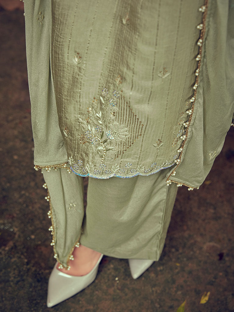 Sage Green Silk Straight Zardozi Kurta Suit Set