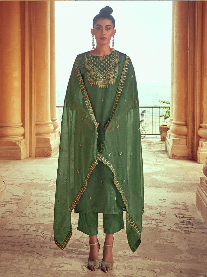 Green Silk Straight Zardozi Kurta Suit Set