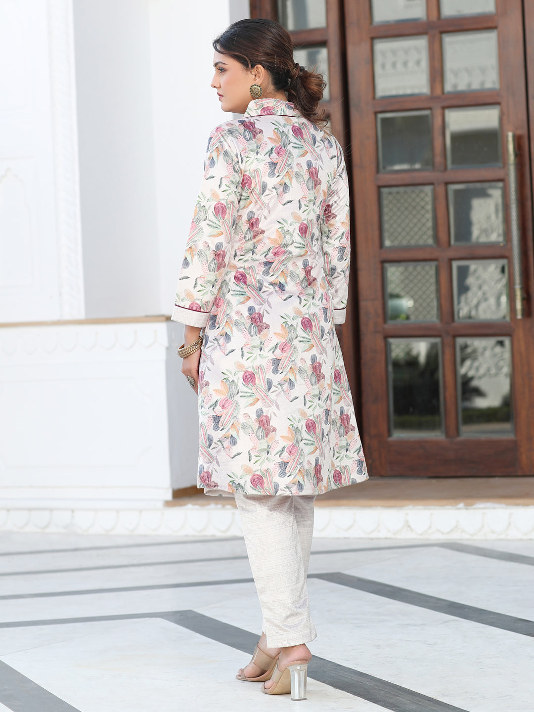 White Velvet Floral Printed 2-Piece Kurta Set