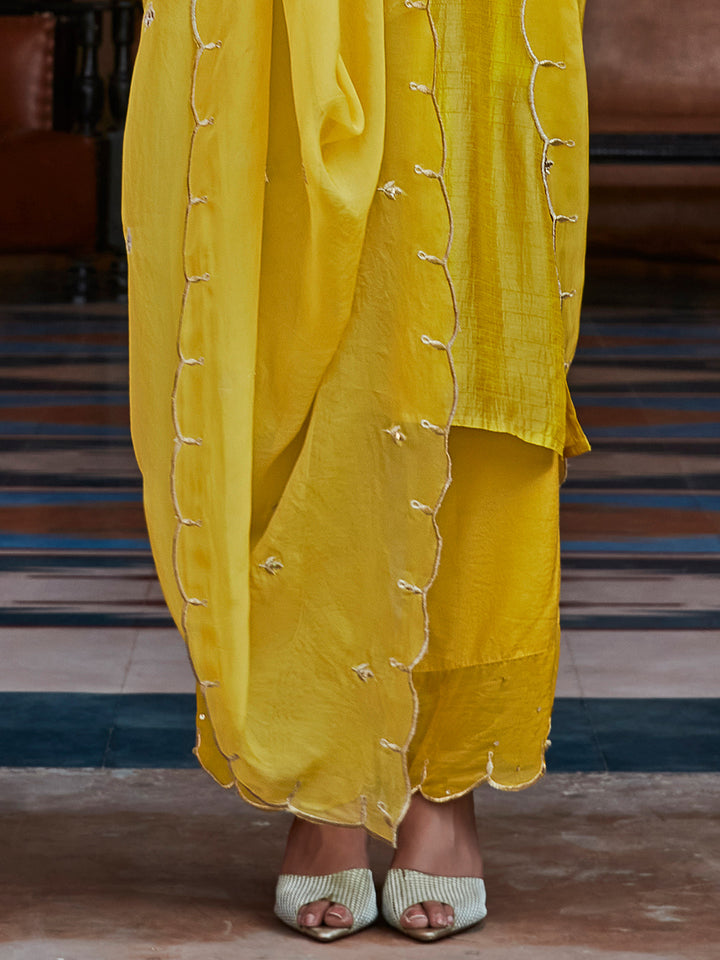 Mustard Silk Zari Work Kurta Suit with Dupatta