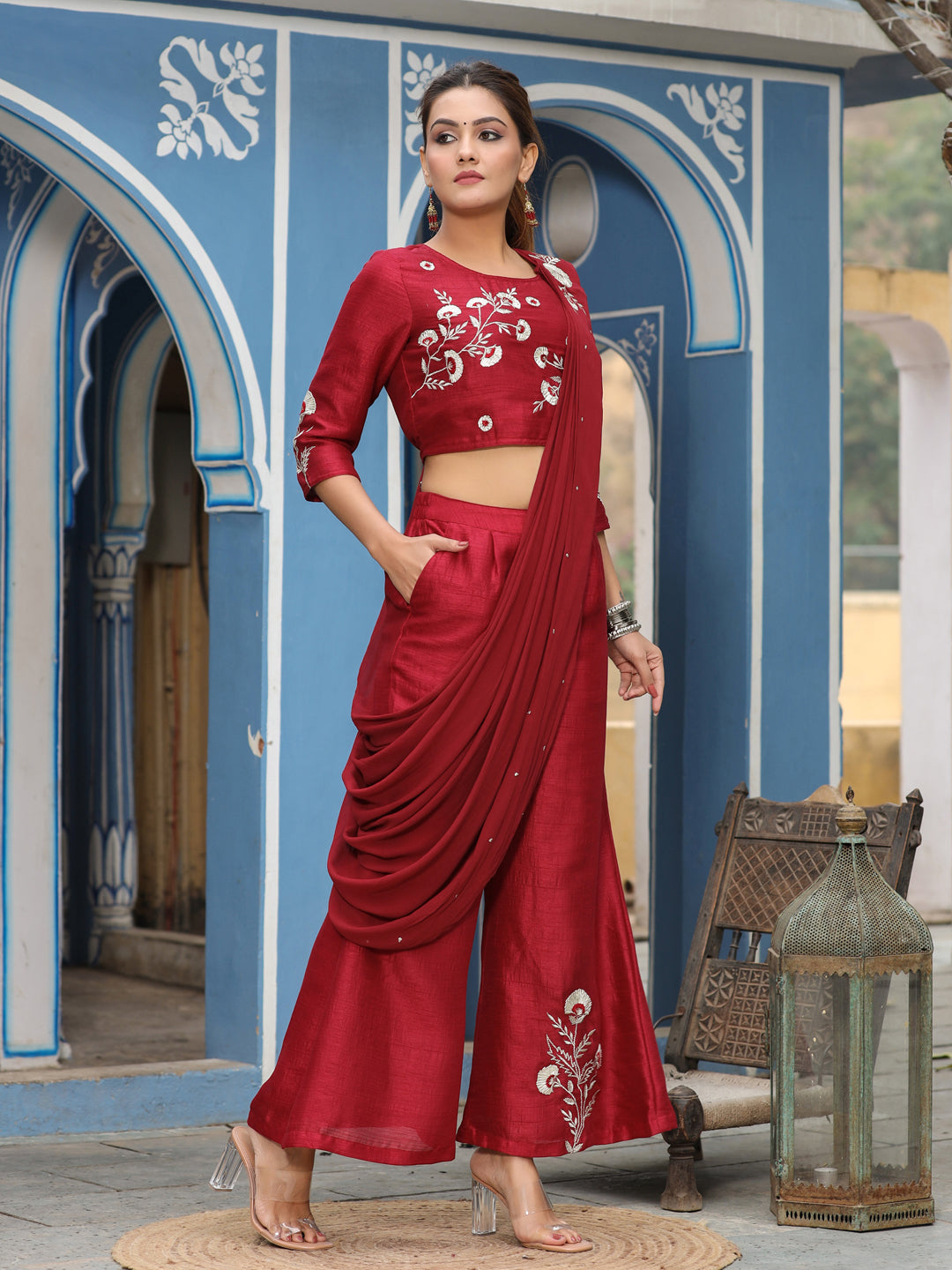 Maroon Silk Crop Top & Palazzo With Dupatta