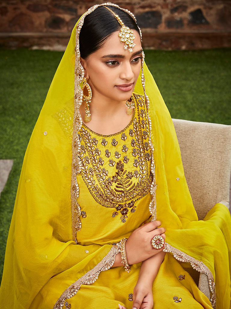 Yellow Silk Straight Zardozi Work Sharara Set