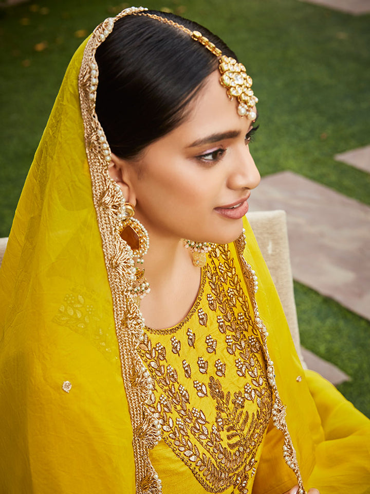 Yellow Silk Straight Zardozi Work Sharara Set