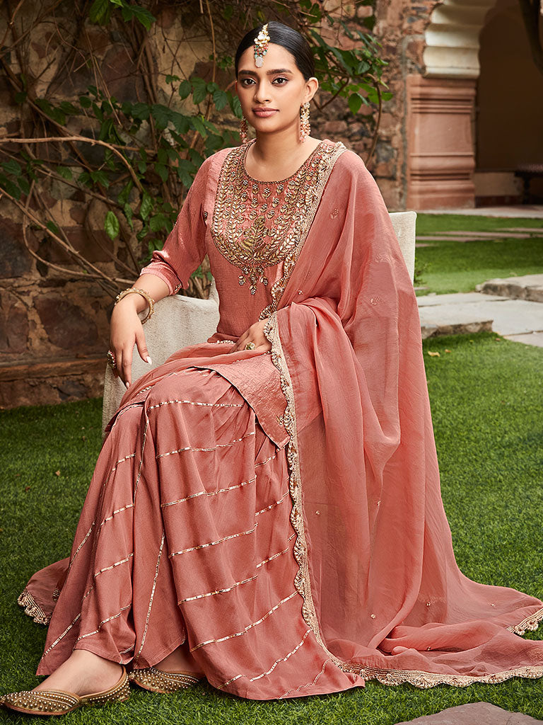 Peach Silk Straight Zardozi Work Sharara Set